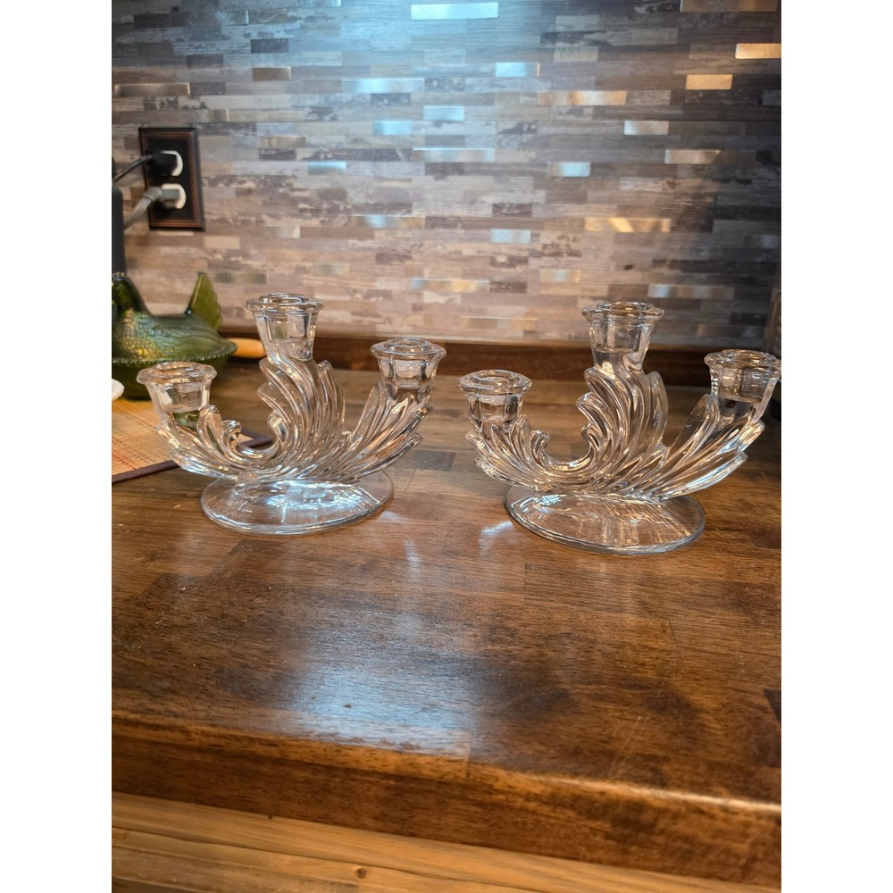 Vintage Clear Pressed Glass 3-Light Candelabra Pair Plume Design Taper Holders